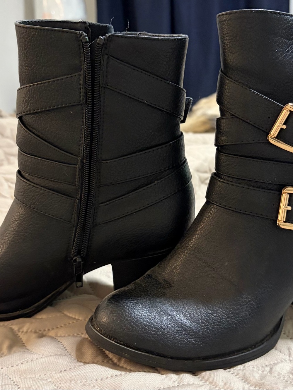 Black Women's Ankle Boots with Buckle Strap
